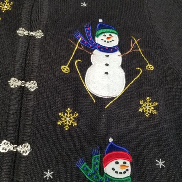Crystal Kobe Snowman Skiing Ugly Christmas Cardigan Sweater Black Silver Medium - Picture 5 of 11
